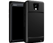 Solid Black silicone case for the Vasco Translator Q1, shown on a black device from the front and back. The case has a rear cutout for the Q1 camera and an opening at the bottom for attaching a keychain or lanyard.