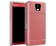 Milky White silicone case for the Vasco Translator Q1, shown on a red device from the front and back. The case has a rear cutout for the Q1 camera and an opening at the bottom for attaching a keychain or lanyard.